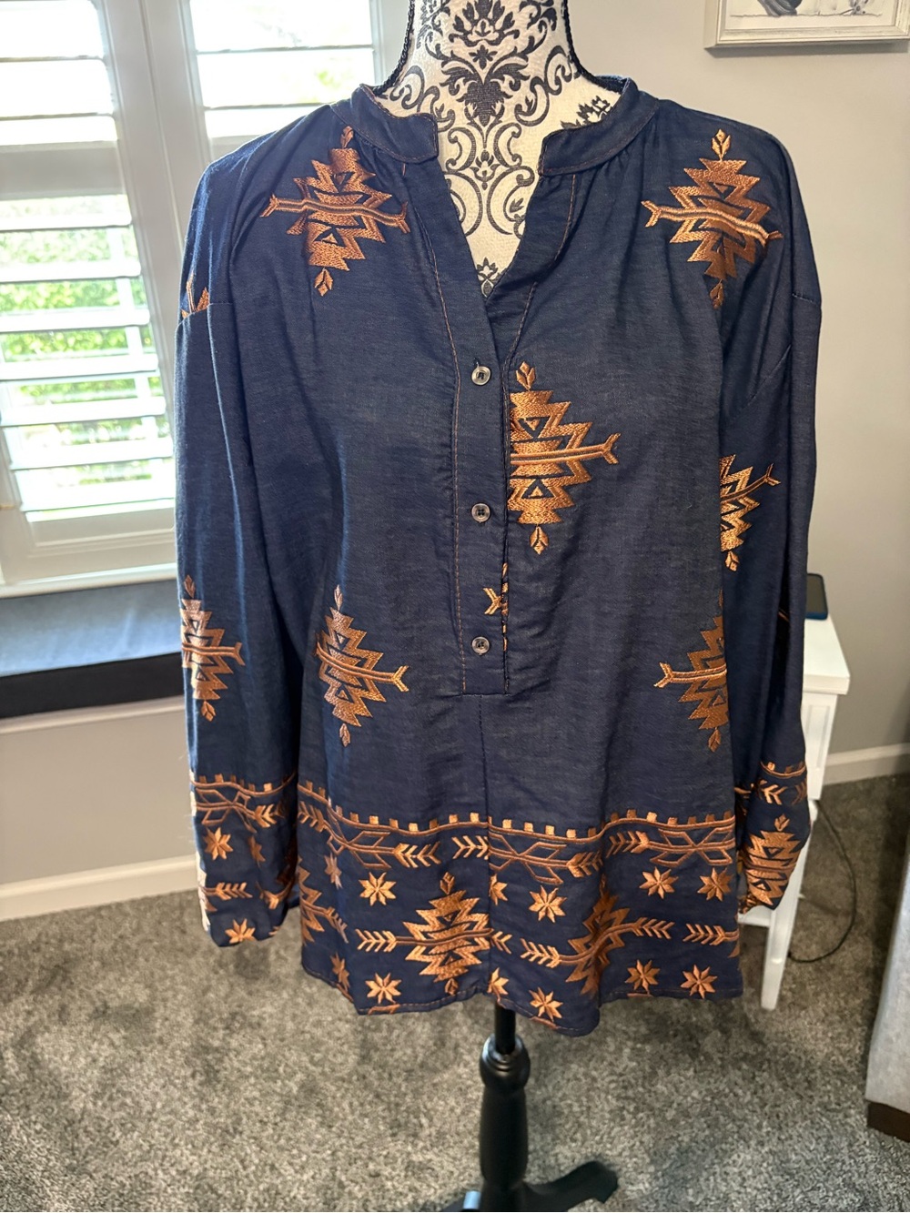 Embroidered Navy 3/4 Sleeve tunic top with Copper Accents NWT